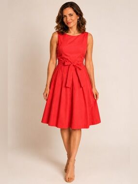 Tommy Hilfiger Red Cotton Fit Flare Midi Dress Belted Retro Party NWT Sz 16